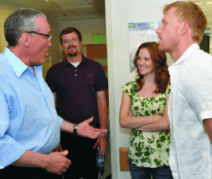 (from left) Dr. Avi Rivkind; Peter Lanfer and his wife, Sarah Drew;  and Kevin McKidd. Photograph by Avi Hayun.