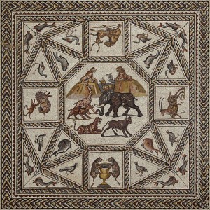  Detail from the central panel of the mosaic floor                                                                                      Nicky Davidov/Courtesy of the Israel Antiquities Authority