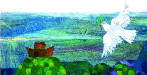 From  ‘Why Noah Chose the Dove.’ Used by permission of Farrar, Straus  & Giroux, LLC. The Collection of Eric and Barbara Carle. Courtesy  of The Eric Carle Museum of Picture Book Art.