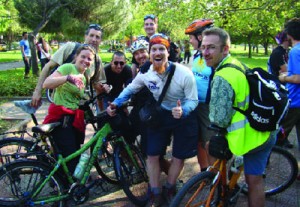 Sadan (center) with a group of cyclists in Istanbu