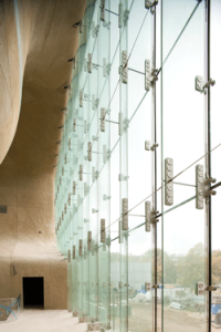 Glass wall in the museum's lobby. Photoby Juha Salminen.