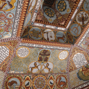 A spectacular replica of a 17th- to 18th-century painted wooden ceiling  from a Gwozdziec synagogue. Photo by Ruth Ellen Gruber. 