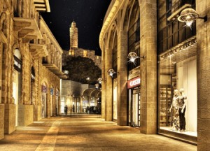 The Mamilla Mall at night.