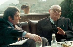 Filmmaker Claude Lanzmann (left) meeting with  Benjamin Murmelstein in 1975. 