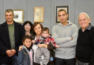 Donors, recipients and staff at their first meeting; (from left) Muhamad Azzam; Hala Bayumi, 8, in front of Amal Bishara; Shoshana Israel, holding 18-month-old Muhamad; Maharan; and Dr. Chaim Brautbar.