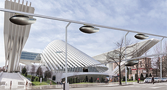 An artist's mockup of the SkyTran transportation pods in an urban setting. Courtesy of SkyTran.