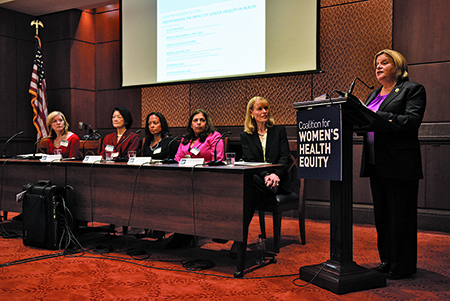 r The Coalition for Women’s Health Equity’s congressional briefing brought together women’s health experts and advocates, including (from right) Congresswoman Ileana Ros-Lehtinen (R-Fla); Ellen Hershkin, Hadassah national president; Dr. Monica Mallampalli, vice president of scientific affairs at the Society for Women’s Health Research; Linda Goler Blount, head of the Black Women’s Health Imperative; Dr. Pamela Ouyang of John Hopkins Women’s Cardiovascular Health Center; and Katherine Leon, a heart attack survivor.