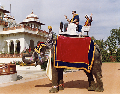 Justices Antonin Scalia and Ginsburg pose on an elephant in Rajistan during their tour of India in 1994. Courtesy of the collection of the Supreme Court of the United States.