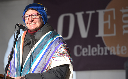 Rabbi Francine Green Roston speaking at the Love Not Hate event in downtown Whitefish on Saturday, January 7. (Brenda Ahearn/Daily Inter Lake)