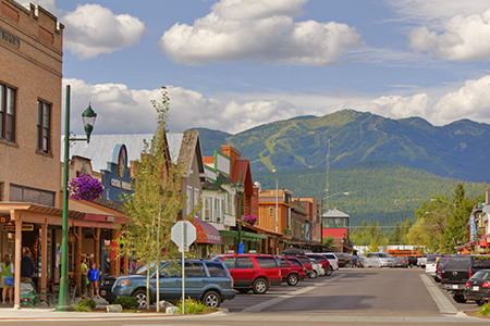 Looking down Central Avenue in downtown Whitefish, Montana, USA